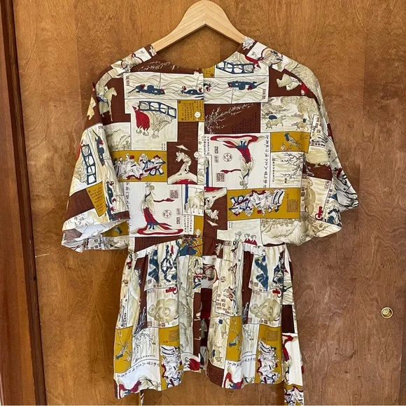 RARE VINTAGE 1970s Japanese Ukiyo Patchwork Graphic Surplice Flutter Sleeve Top
